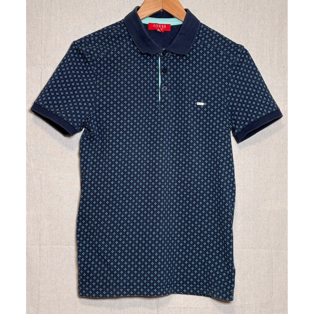 GUESS Mens Navy Blue Geometric Micro Print‎ Polo Shirt Sz XS